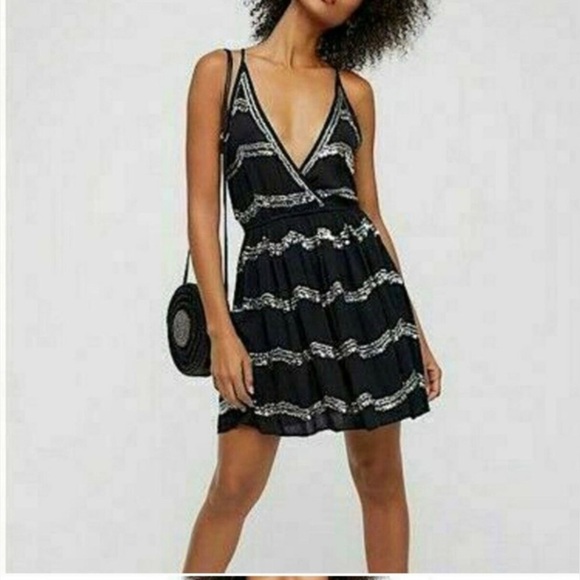 Free People Dresses & Skirts - Free People Intimately Make It Rain Sequin mini dress tie back full skirt silver